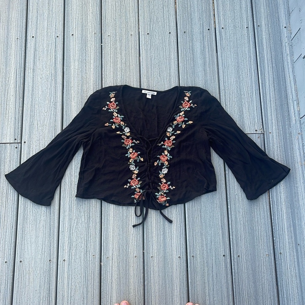 American Eagle - black gauze top with floral embroidery- size XS
